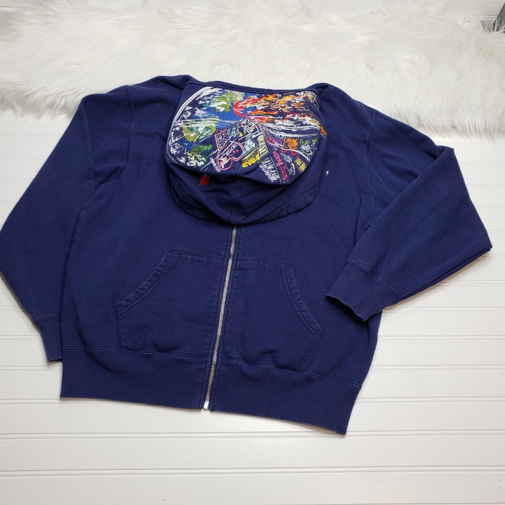 Supreme Globe Zip Up Hooded Sweatshirt Navy Blue Men’s Size Medium Embroidered - Picture 2 of 13